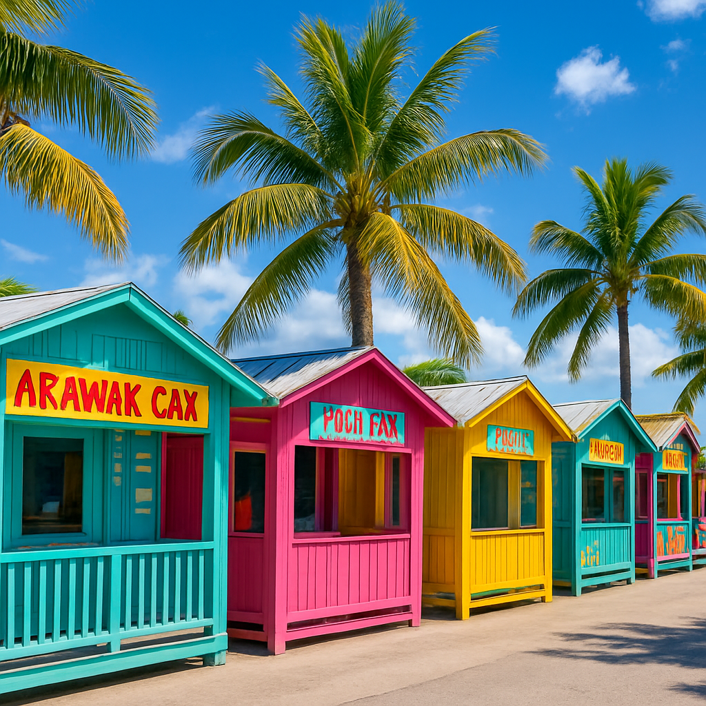 Colorful food huts at the Arawak Cay Fish Fry, Nassau